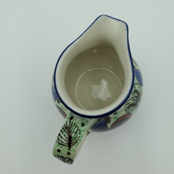 Polish Pottery Rooster Row Creamer Unikat Small Blue & Green Rooster Creamer - Picture 6 of 8